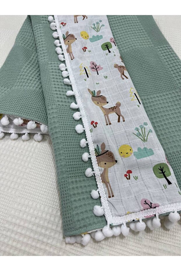 Muslin Fabric, Piqued and Pompom, 100% Cotton Multi-Purpose Baby Blanket
