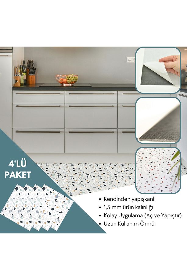 4 Adet 30cm×30cm Kendinden Yapışkanlı LVT Zemin Duvar Kaplama Mutfak Banyo Karo Sticker - 3
