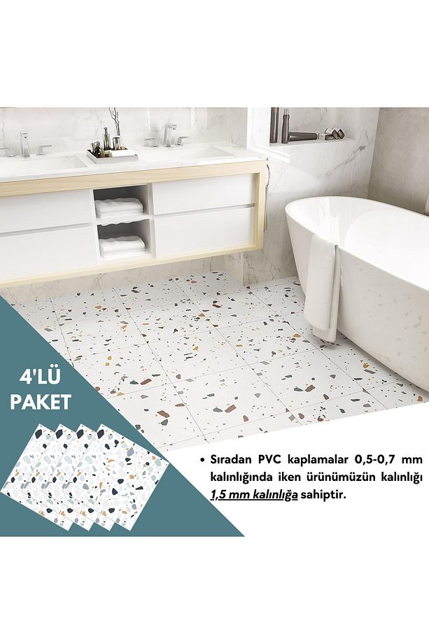 4 Adet 30cm×30cm Kendinden Yapışkanlı LVT Zemin Duvar Kaplama Mutfak Banyo Karo Sticker - 6