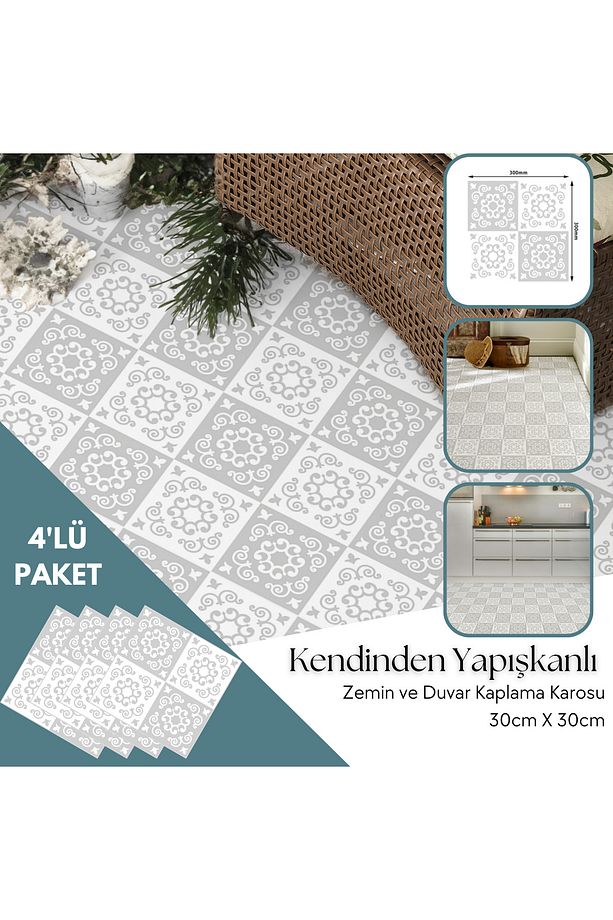 4 Adet 30cm×30cm Kendinden Yapışkanlı LVT Zemin Duvar Kaplama Mutfak Banyo Karo Sticker - 1