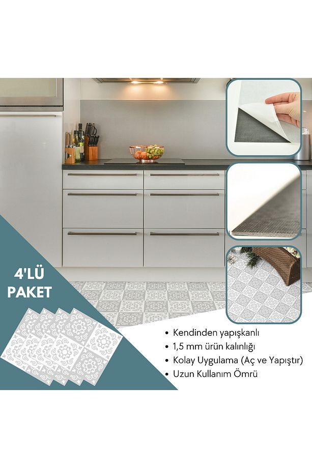 4 Adet 30cm×30cm Kendinden Yapışkanlı LVT Zemin Duvar Kaplama Mutfak Banyo Karo Sticker - 3