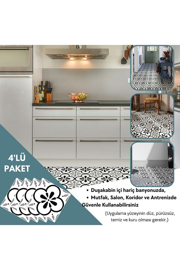 4 Adet 30cm×30cm Kendinden Yapışkanlı LVT Zemin Duvar Kaplama Mutfak Banyo Karo Sticker - 4