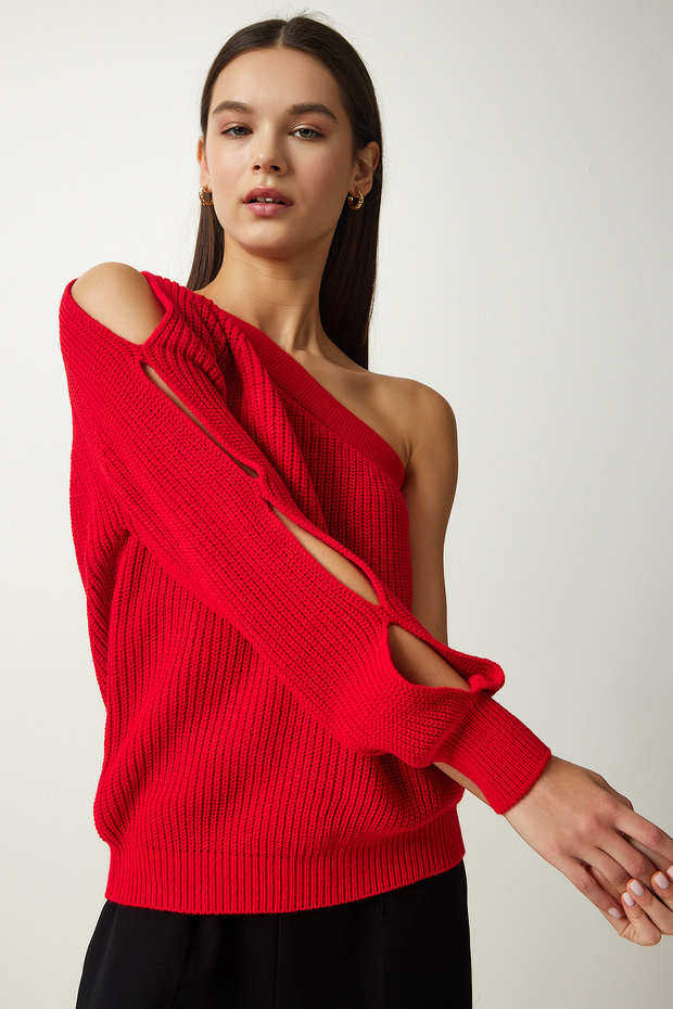 Women's Red Window Detailed Single Sleeve Knitwear Sweater PF00059