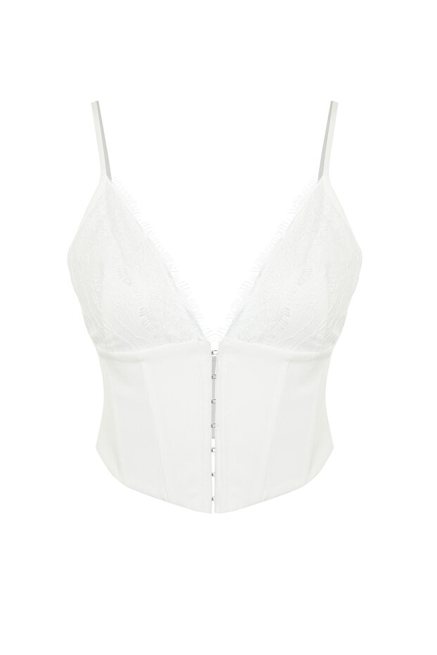 Bridal Beyaz Crop Astarlı Agraflı Dokuma Dantel Büstiyer TPRAW23BS00045 - 7