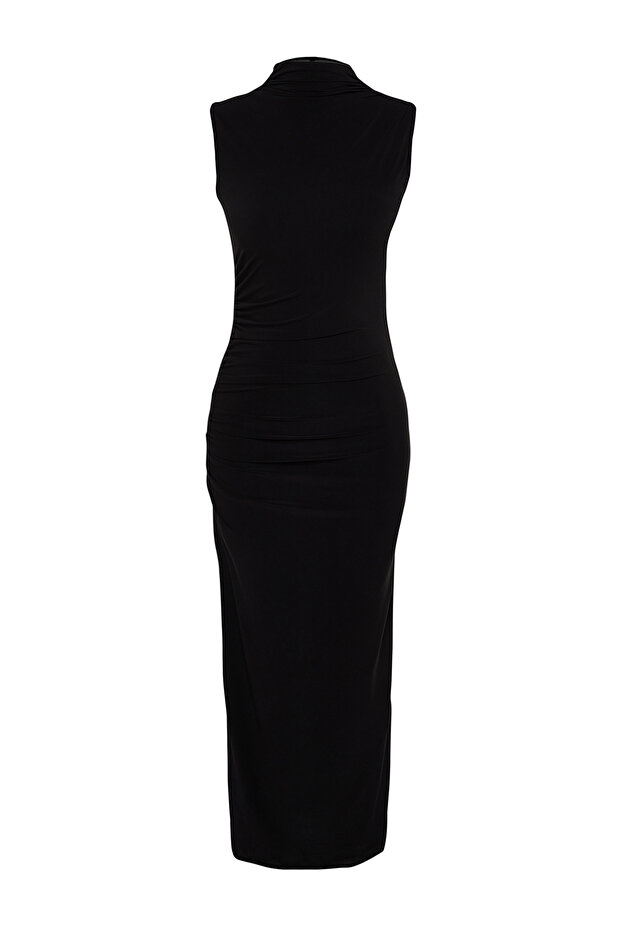 Siyah Sıfır Kol Drapeli Bodycone/Vücuda Oturan Esnek Örme Maxi Kalem Elbise TWOSS24EL00101 - 7