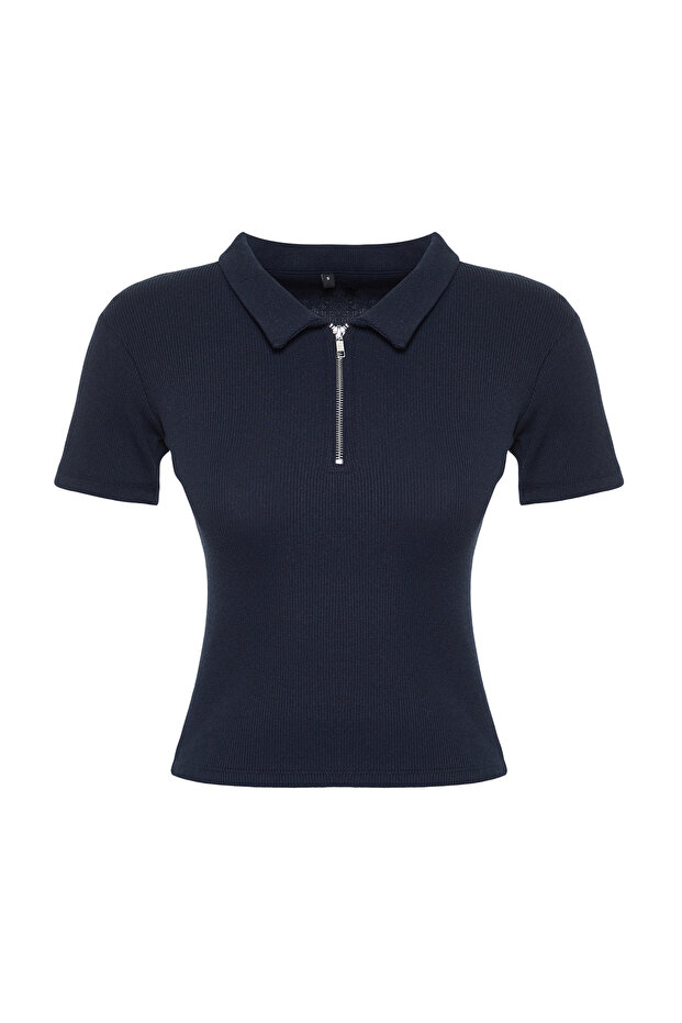 Lacivert Fermuar Detaylı Fitted/Vücuda Oturan Polo Yaka Fitilli Esnek Örme Bluz TWOSS23BZ00496 - 7