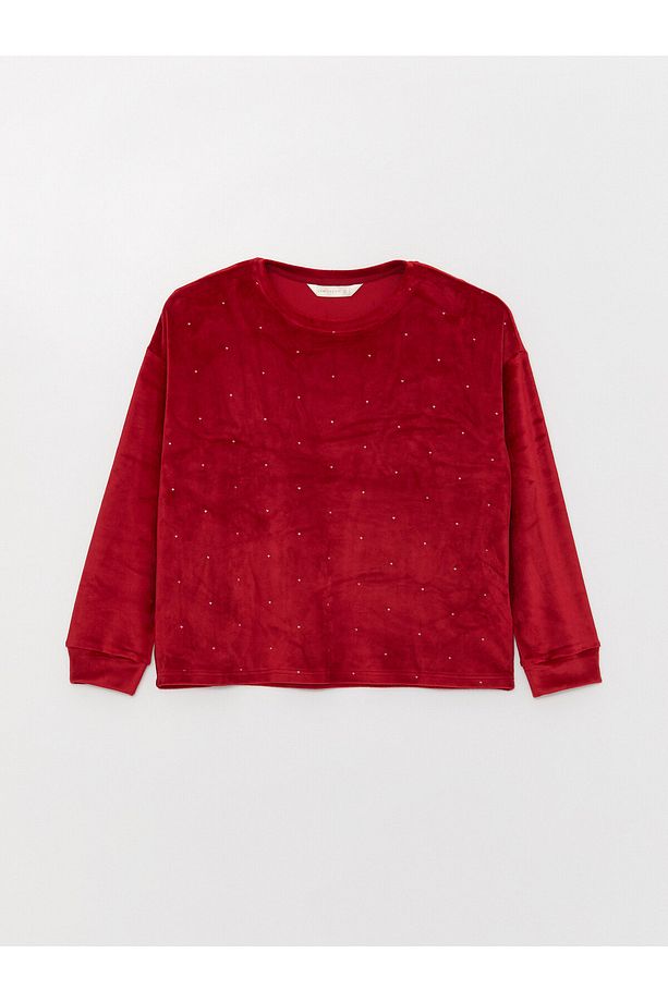 Bisiklet Yaka Desenli Uzun Kollu Kadın Kadife Pijama Takımı - 4