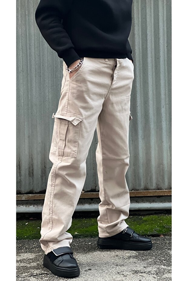 Men's Comfortable Fit Cargo Pocket Baggy Pants Khaki