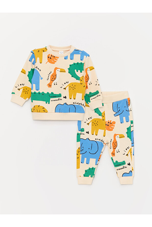 Crew Neck Printed Baby Boy Sweatshirt and Tracksuit Bottom, 2-pack