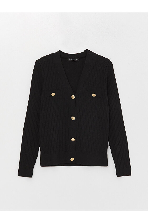 V Yaka Düz Uzun Kollu Kadın Triko Hırka - 6