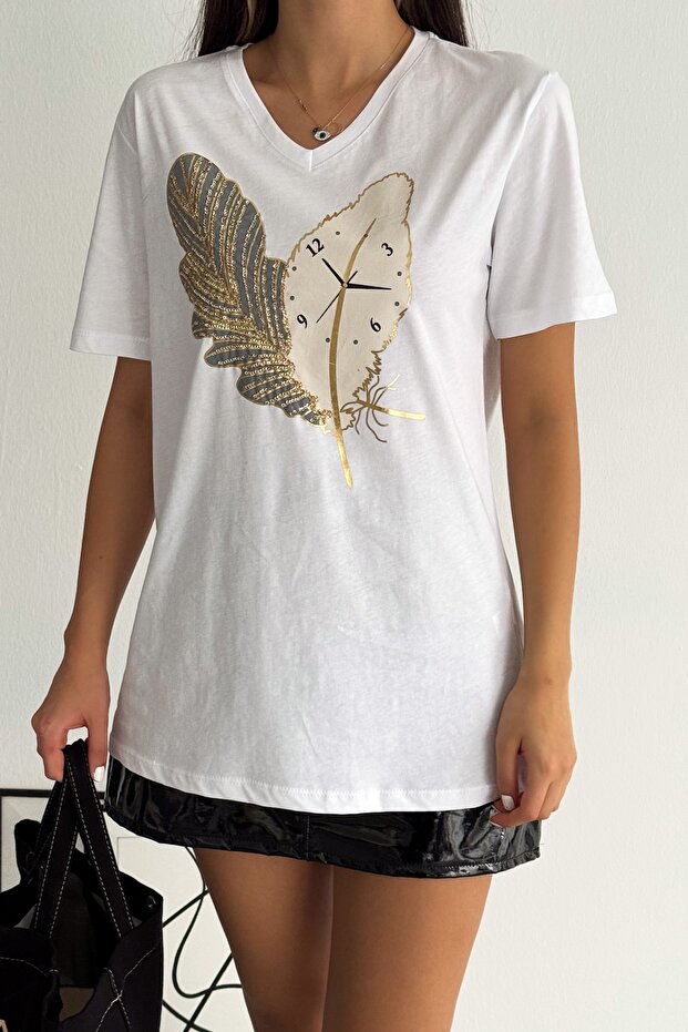 Women's White V-Neck Large Size Feather and Hour Sequin Embroidered 100% Cotton Large Size T-Shirt