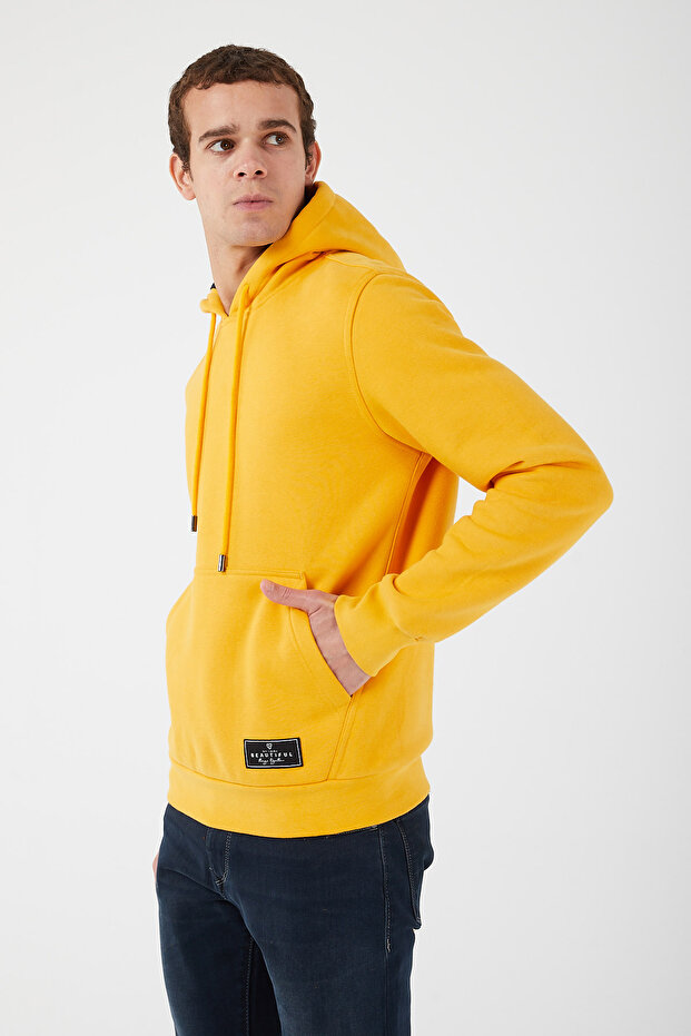 Içi Polarlı Regular Fit Standard Kesim Kanguru Cepli Basic Kapüşonlu Sweatshirt Hardal - 4