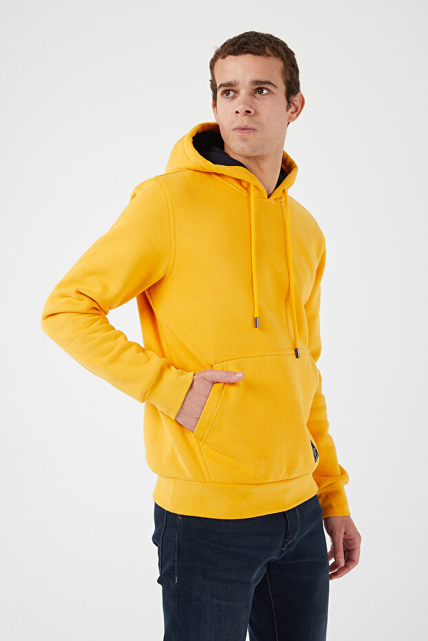 Içi Polarlı Regular Fit Standard Kesim Kanguru Cepli Basic Kapüşonlu Sweatshirt Hardal - 3