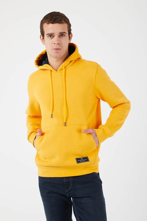 Içi Polarlı Regular Fit Standard Kesim Kanguru Cepli Basic Kapüşonlu Sweatshirt Hardal - 1