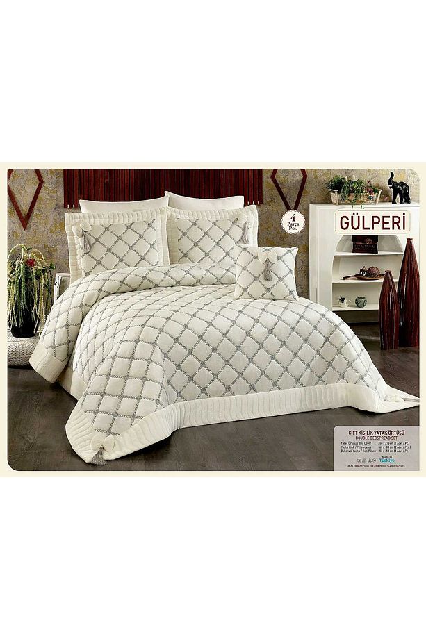 Çeyizlik Yatak Örtüsü ( Set 4 Parçası ) Kadıfe Kapitoneli Yüksek Kalite nakışlı - 8
