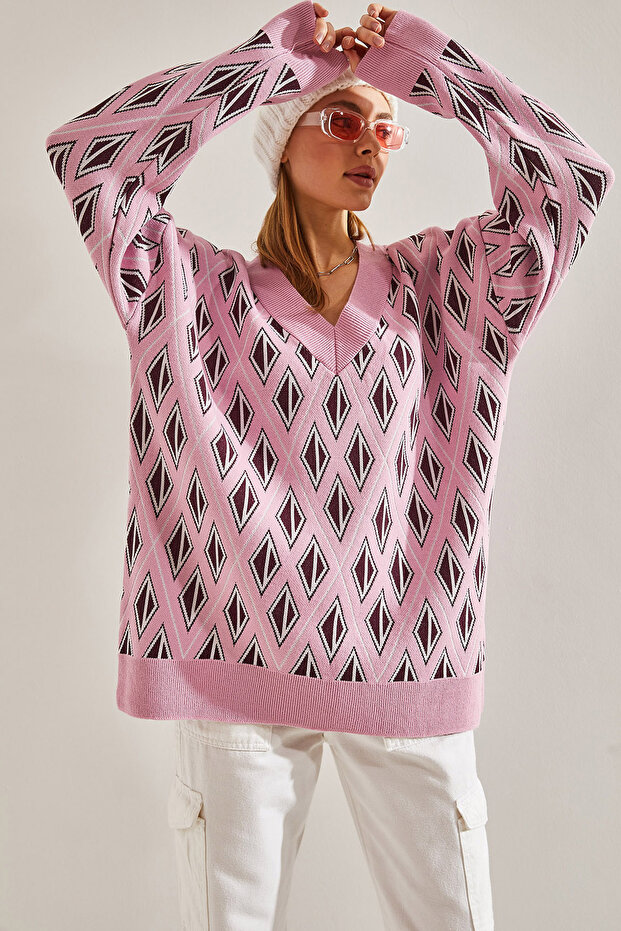 Women's Pink V-Neck Patterned Knitwear Sweater Stk264