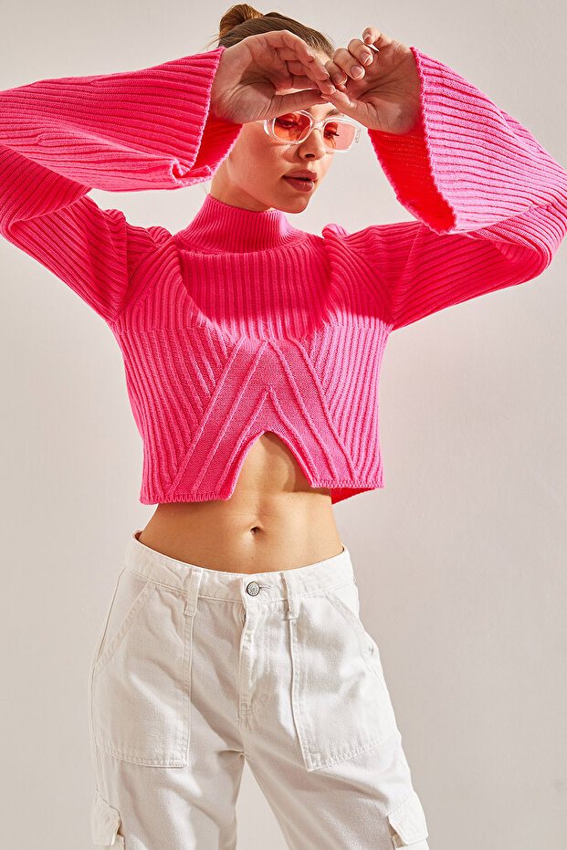 Women's Fuchsia Half Fisherman Patterned Crop Sweater Stk269