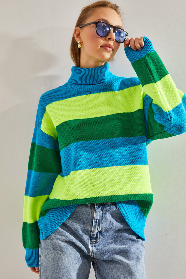 Women's Turquoise Green Turtleneck Piece Knitwear Sweater Stk230