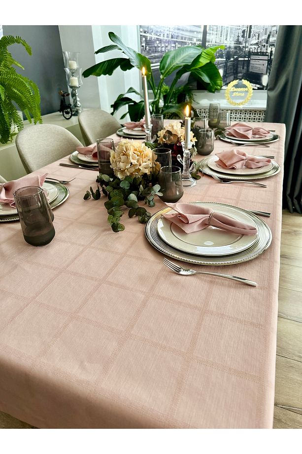Keten Dokulu Dertsiz Kare Desenli Pudra Pembe Masa Örtüsü - 3