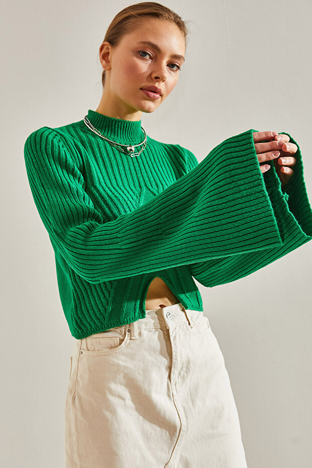 Women's Green Half Fisherman Patterned Crop Sweater Stk269