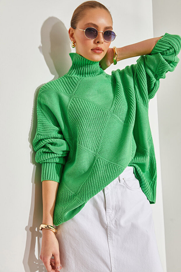 Women's Green Turtleneck Patterned Knitwear Sweater Stk201