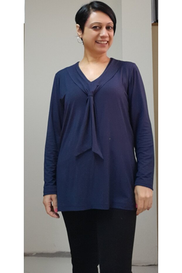 Dark blue kerchief collar look long-sleeved combed cotton Viscose T-shirt