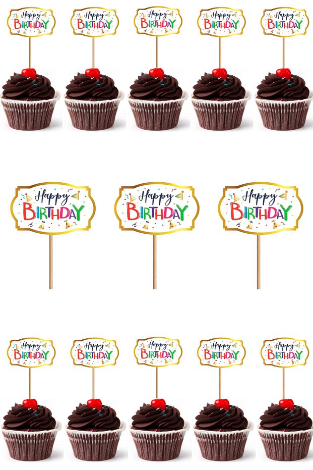 Cupcake Toothpick with Gold Leaf Happy Birthday Themed 10 Pieces