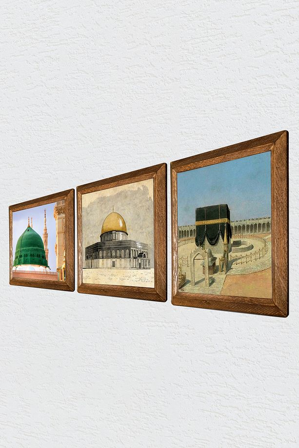 Kabe-i Muazzama, Mescid-i Aksa, Ravza-i Mutahhara Taş Duvar Tablosu Ahşap Çerçeveli Duvar Dekoru - 2