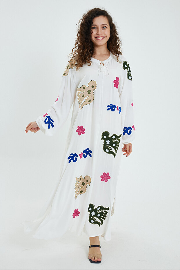 Women's White Applique Pattern Detailed Long Sleeve Long Ethnic Dress