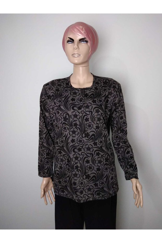Women's Brown Buttoned Crew Neck Long Sleeve Seasonal Lizy Mother Combed Cotton T-Shirt with Side Slits