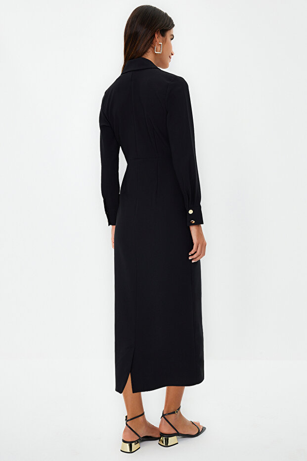 Czarna, dwurzędowa sukienka z kołnierzykiem i guzikami, szczegółowa tkana sukienka TCTSS24EB00020 - 6