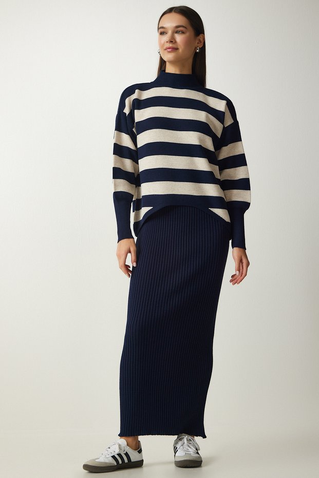 Women's Navy Blue Striped Sweater Dress Knitwear Suit KG00008