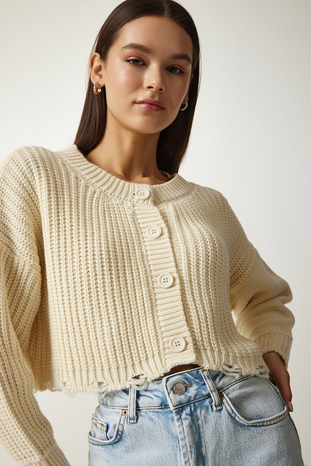 Women's Cream Ripped Detailed Buttoned Crop Knitwear Cardigan PF00054