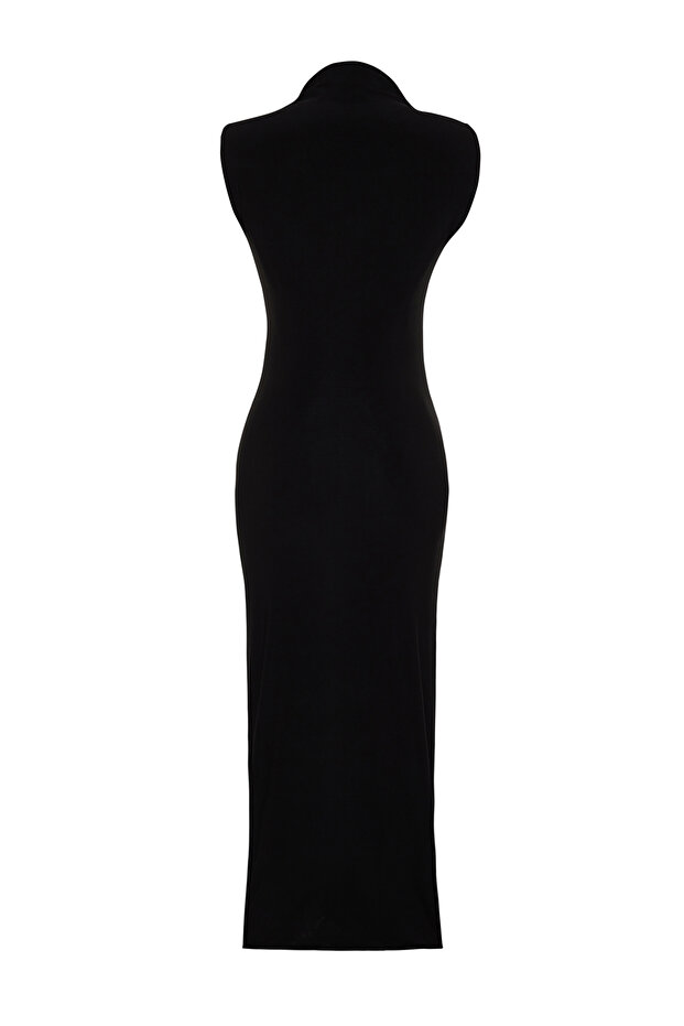 Siyah Sıfır Kol Drapeli Bodycone/Vücuda Oturan Esnek Örme Maxi Kalem Elbise TWOSS24EL00101 - 8