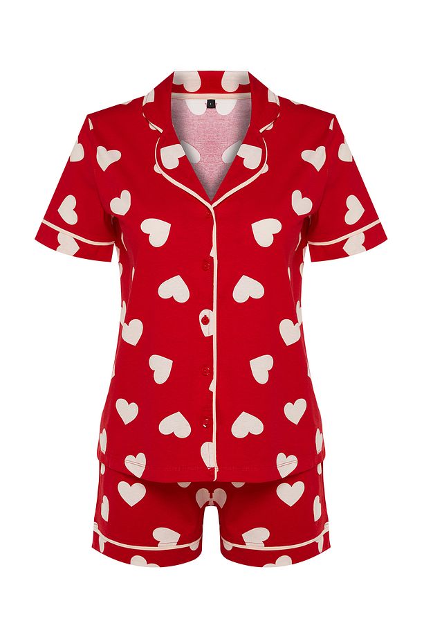 Kırmızı %100 Pamuklu Kalpli Biye Detaylı Şortlu Örme Pijama Takımı THMSS21PT1200 - 8