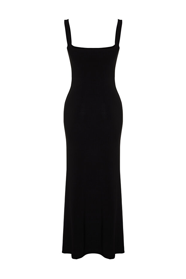 Siyah Kalın Askılı Fitted/Vücuda Oturan Esnek Örme Maxi Kalem Elbise TWOSS24EL00137 - 8