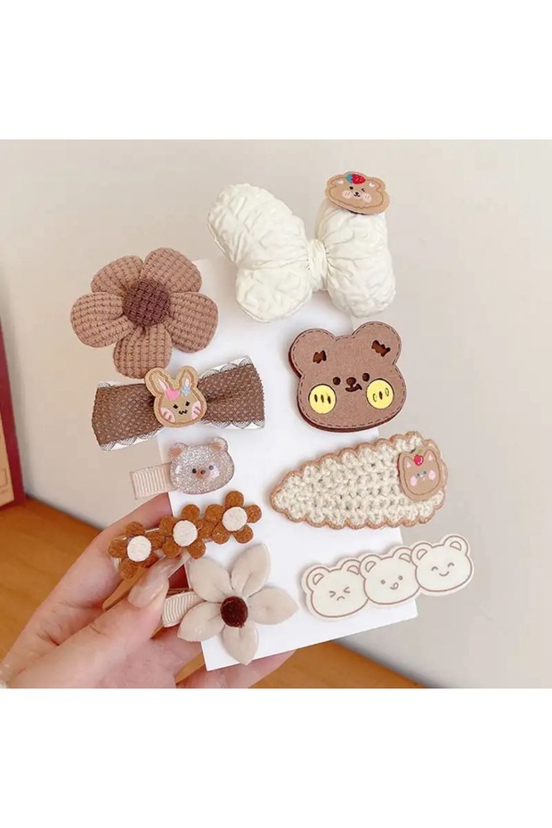 Imported Luxury 9-Piece Cream Coffee Bow Teddy Bear Flower Knitted Collet Snap Fastener Side Buckle Set Baby Kids
