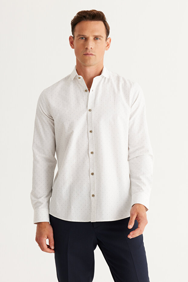 Men's White-Khaki Cotton Oxford Breathable Slim Fit Italian Collar Printed Shirt