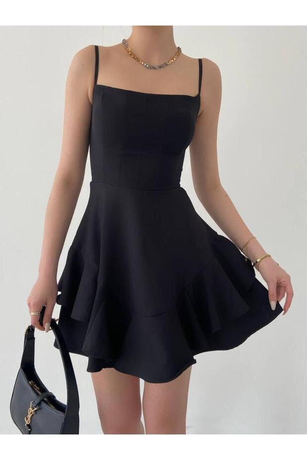 Women's Skirt Floor Detailed Adjustable Thin Strap Black Evening Dress 102