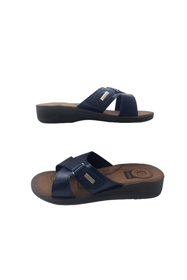 Women's Navy Blue Orthopedic Cross-Strapped Walking Slippers