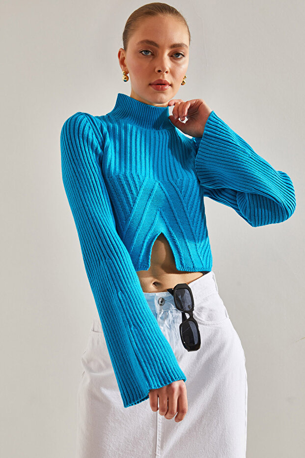 Women's Turquoise Half Fisherman Patterned Crop Sweater Stk269