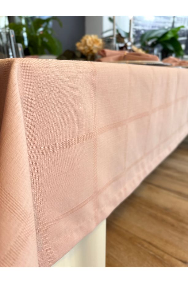 Keten Dokulu Dertsiz Kare Desenli Pudra Pembe Masa Örtüsü - 7