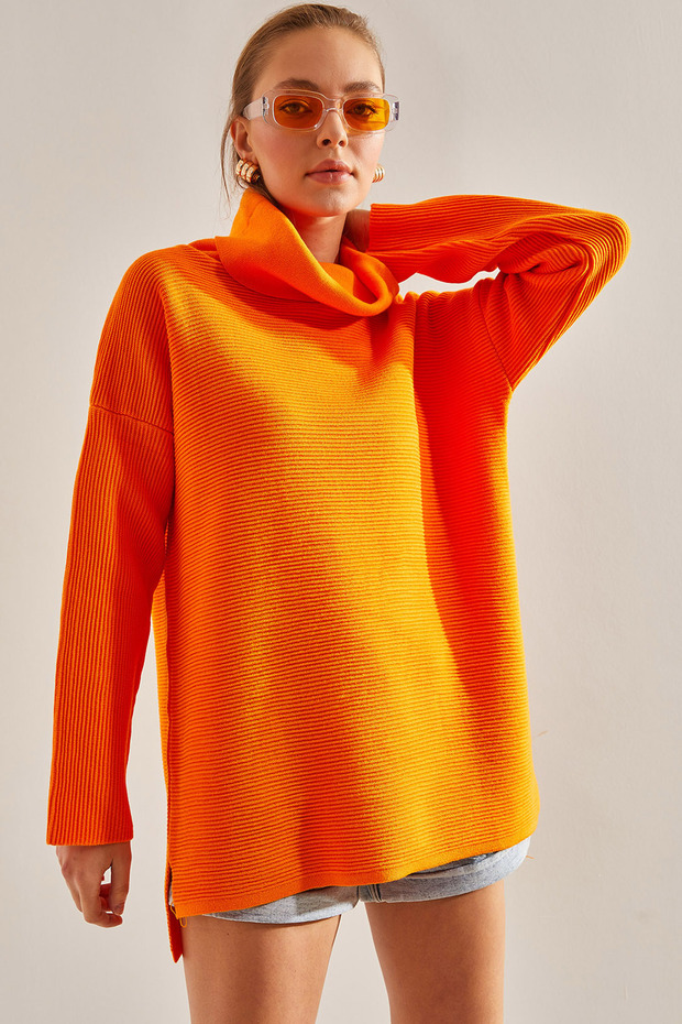 Women's Orange Turtleneck Ottoman Knit Oversize Knitwear Sweater Stk266