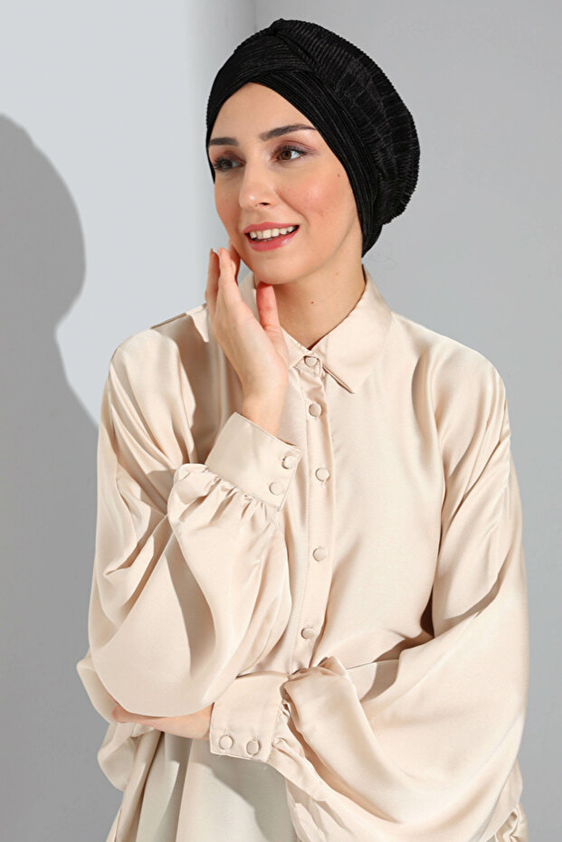 Ready Turban Bonnet Mihrace Pleated Black Cross Banded Lined Filled Hijab Bonnet Hijab