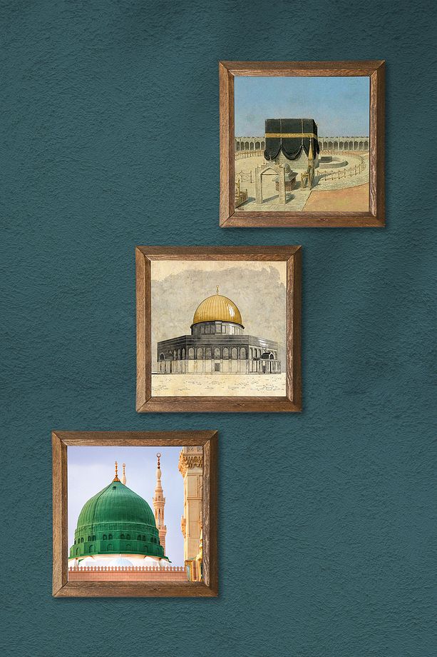 Kabe-i Muazzama, Mescid-i Aksa, Ravza-i Mutahhara Taş Duvar Tablosu Ahşap Çerçeveli Duvar Dekoru - 3
