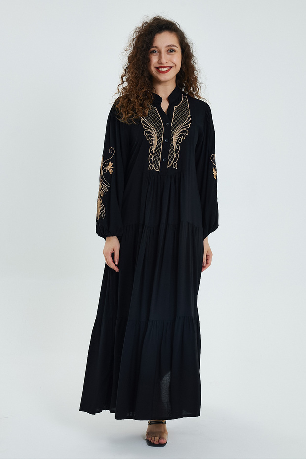 Women's Black Foil Embroidery Embroidered Buttoned Placket Collar Long Sleeve Long Ethnic Authentic Dress