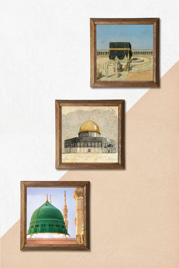Kabe-i Muazzama, Mescid-i Aksa, Ravza-i Mutahhara Taş Duvar Tablosu Ahşap Çerçeveli Duvar Dekoru - 5