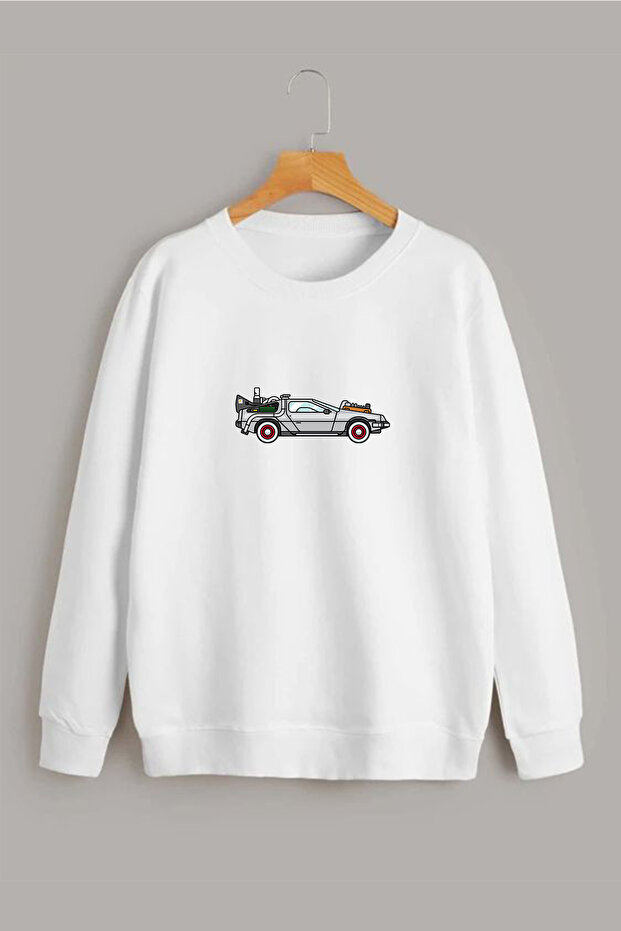 Back To The Future Printed White Oversize Round Neck Sweatshirt