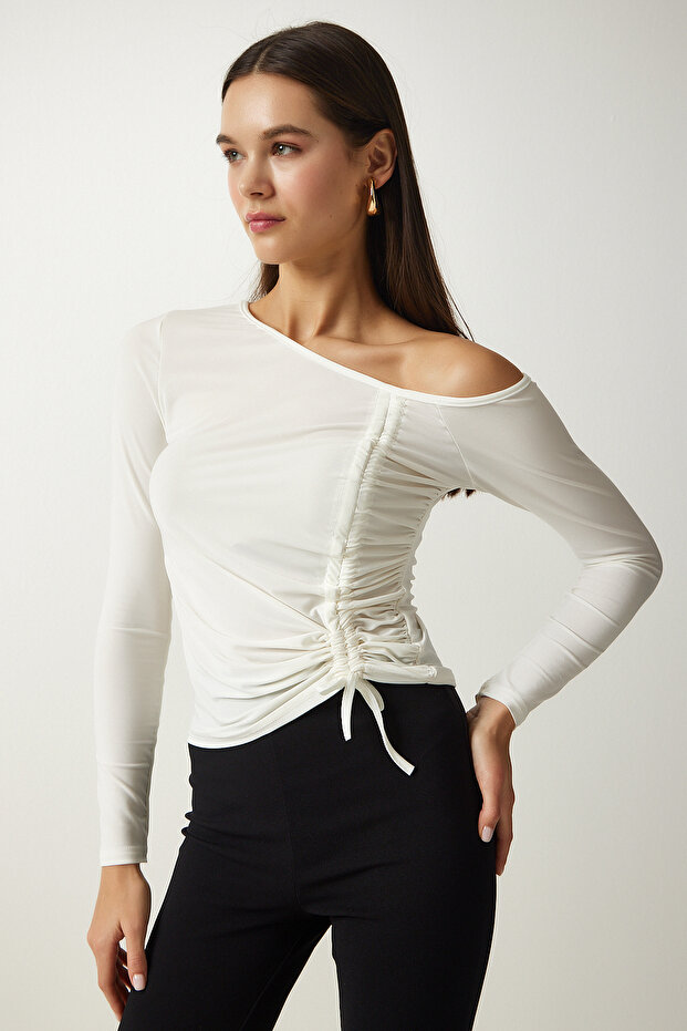 Women's White Gather Detailed Knitted Blouse MZ00045
