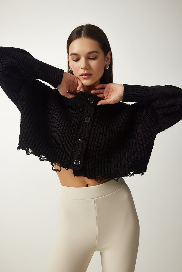 Women's Black Ripped Detailed Buttoned Crop Knitwear Cardigan PF00054